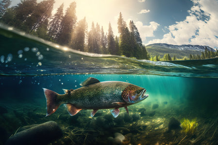 Rainbow trout splashing in the river, fishing. Fish spawning season, trout jumping out of the waterの素材