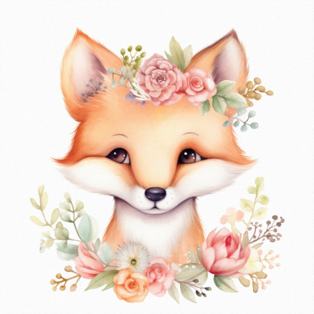 Cute baby fox, pastel colors, flowers, watercolor illustrationの素材