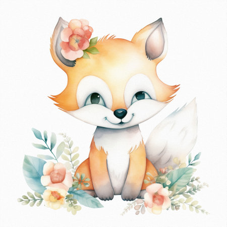 Cute baby fox, pastel colors, flowers, watercolor illustrationの素材