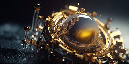 Abstract 3d rendering of golden gear mechanism on dark background. technology concept.の素材
