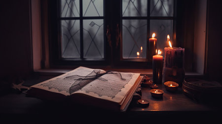 Open Bible with burning candles on table in dark room. religion conceptの素材
