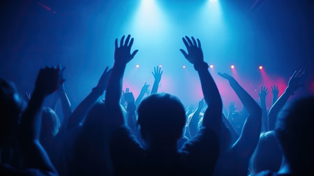 Crowd cheering at a music festival, hands up in front of the stageの素材