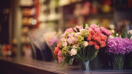 Bouquet of flowers in vase on shelf in flower shopの素材