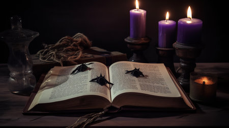Halloween still life with candles, book and bats. halloween conceptの素材