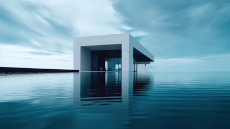 3d render of modern house on the water with sky background.の素材
