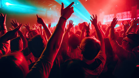 Crowd cheering at a live music concert in a nightclub with hands raisedの素材