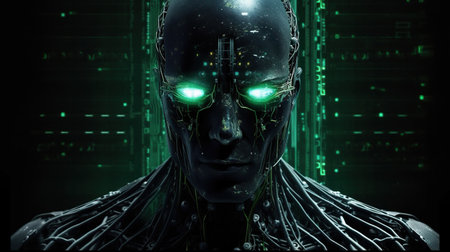 Cyborg face with circuit board background, 3d rendering. computer digital drawing.の素材