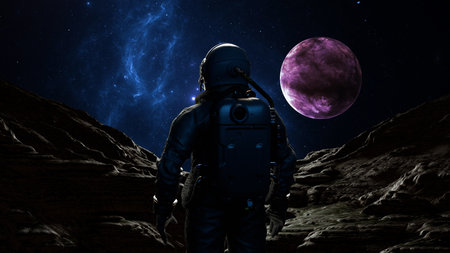 Astronaut cosmonaut discovery of new worlds of galaxies panorama, fantasy portal to far universe. Astronaut space exploration, gateway to another universe. 3d renderingの写真素材