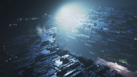 Space city station at night, cyberpunk ghetto. Big city base on an industrial planet. Apartments and...