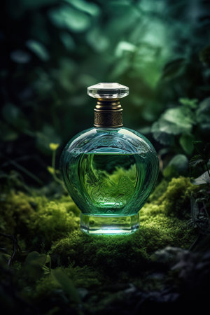Beautiful perfume bottle in the forest on the moss. natural forest fragranceの素材