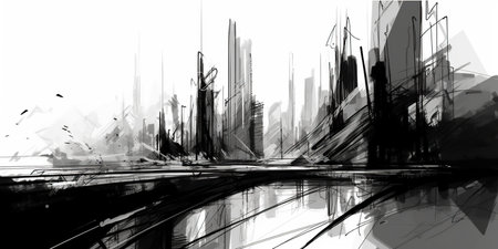 Panorama New York city USA, sketch illustration of skyscrapers, black and whiteの素材