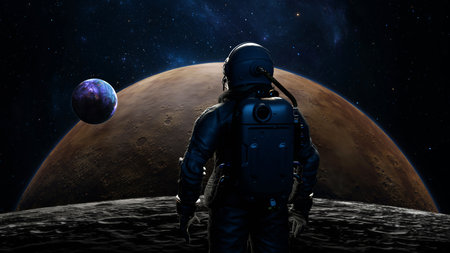 Astronaut cosmonaut discovery of new worlds of galaxies panorama, fantasy portal to far universe. Astronaut space exploration, gateway to another universe. 3d renderingの写真素材