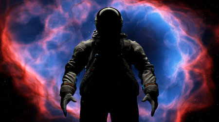 Astronaut cosmonaut discovery of new worlds of galaxies panorama, fantasy portal to far universe....