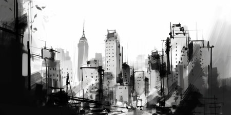 Panorama New York city USA, sketch illustration of skyscrapers, black and whiteの素材