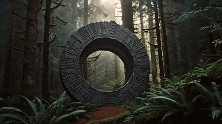 Round stone portal in the forest, an abandoned temple. Path made of stones in the forestの素材