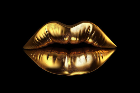 Golden lips of a woman close-up. golden yellow lipstickの素材