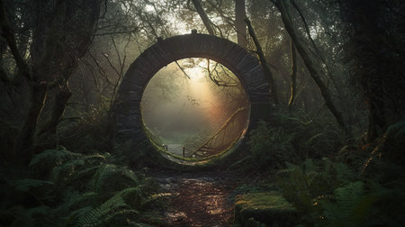 Round stone portal in the forest, an abandoned temple. Path made of stones in the forestの素材