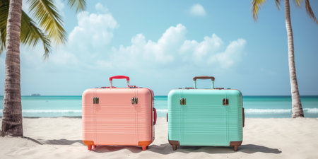 Suitcases on the beach, vacation. Bright hand luggage suitcases against the background of the sea and sand on the beach. Emigrationの素材