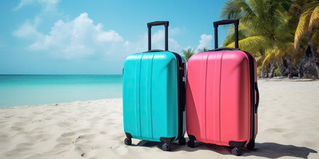 Suitcases on the beach, vacation. Bright hand luggage suitcases against the background of the sea and sand on the beach. Emigrationの素材
