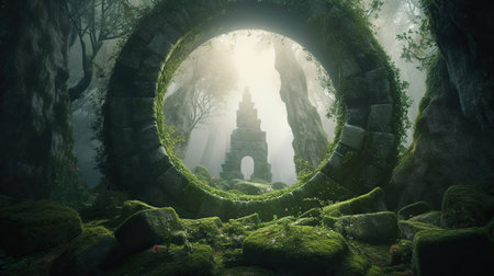 Round stone portal in the forest, an abandoned temple. Path made of stones in the forestの素材
