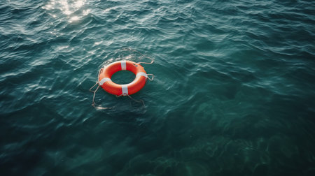 Orange lifebuoy on the water in the blue sea. Safety on the water, rescue of a drowning personの素材