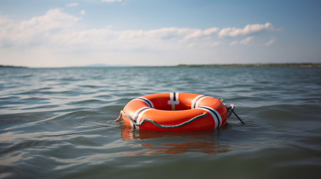 Orange lifebuoy on the water in the blue sea. Safety on the water, rescue of a drowning personの素材