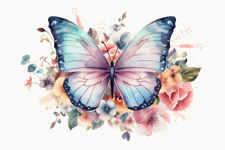 Cute beautiful butterfly, pastel colors, flowers, watercolor illustrationの写真素材