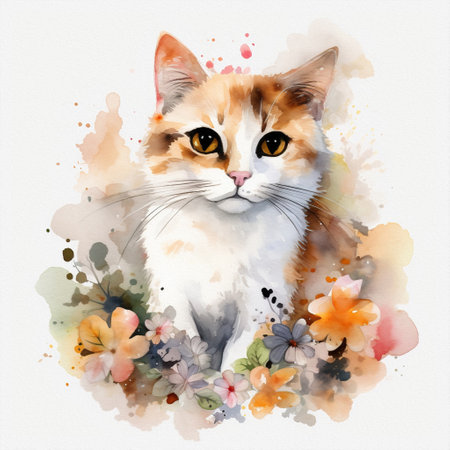 Cute baby cat, pastel colors, flowers, watercolor illustrationの写真素材