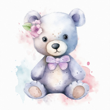 Cute Teddy bear, pastel colors, flowers, watercolor illustrationの写真素材