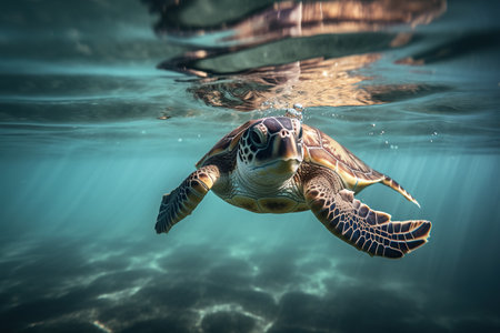 Big tropical turtle swims in blue sea. Turtle in natural environmentの素材