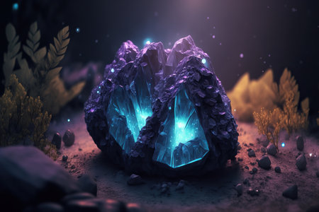 Large Magic Amethyst magic Crystal glows in the dark in the forestの素材
