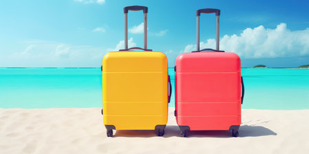 Suitcases on the beach, vacation. Bright hand luggage suitcases against the background of the sea and sand on the beach. Emigrationの素材