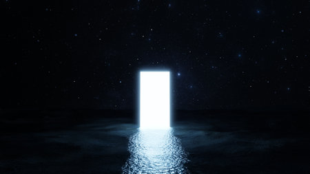 Light portal door is reflected in water. Door to other worlds and galaxies in the sea. Journey into the future to the stars and nebulae. 3d renderingの写真素材