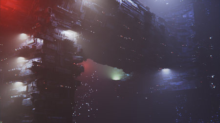 Cyberpunk city of the future, smog. Buildings made of concrete and metal. Light of night lights. 3d...