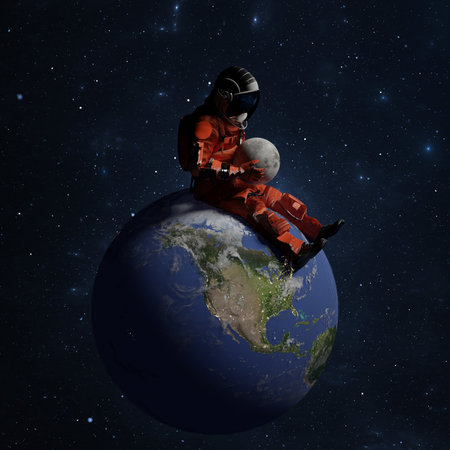 Astronaut sits on planet earth and hold moon in hands. Cosmonaut in space, exploration of outer space, exploration of the Moon. Nebulae stars and galaxies in background. 3d renderingの写真素材