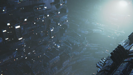 Cyberpunk city of the future, smog. Buildings made of concrete and metal. Light of night lights. 3d...