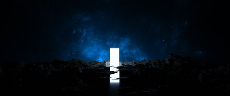 Glowing space portal is reflected in water. Door to other worlds and galaxies among stones. Journey...