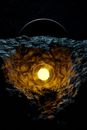 Glowing sphere orb in pit crater. Cosmic landscape, starry sky above the planet. Magical ball of glowing plasma on the ground. 3d renderingの写真素材