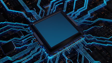 Ai Computer chip processor on motherboard glows blue. Artificial intelligence Graphics chip, mining,...
