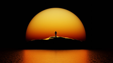 Lonely astronaut looks at sunset on deserted planet. Contrasting Martian Landscape. Cosmonaut on background of large yellow red orange sun on the horizon. 3d renderingの写真素材