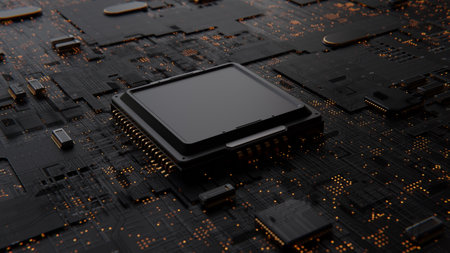 Ai Computer chip processor on motherboard glows blue. Artificial intelligence Graphics chip, mining,...