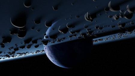 Planet Pandora surrounded by asteroid belt, rings wreckage of destroyed planet. Blue protoplanet in...