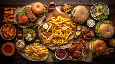 Table or delivery foods scene of assorted take out. fast food flatlayの素材