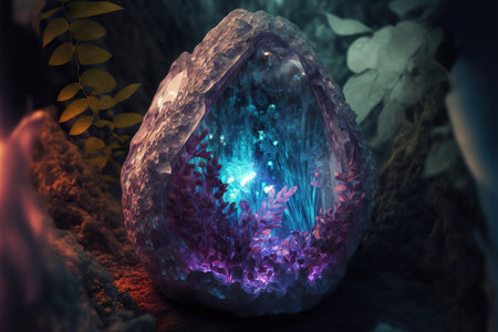 Large Magic Amethyst magic Crystal glows in the dark in the forestの素材