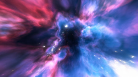 Cosmic nebula in space among stars and galaxies. Gas dust clouds nebula in outer space. Birth and...