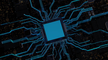 Blue computer electronic chip with blue glow, multiple filter effect, innovative page design, black...