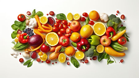 Healthy eating, fresh fruits and vegetables on a white background. Fruitarianism, raw food and vegetarianismの素材