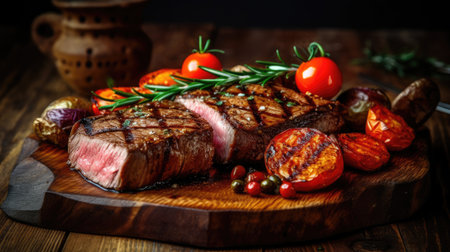Succulent thick juicy portions of grilled fillet steak with potatoes and tomatoesの素材