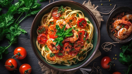 Fettuccine pasta with shrimp tomatoes and herbs. top viewの素材