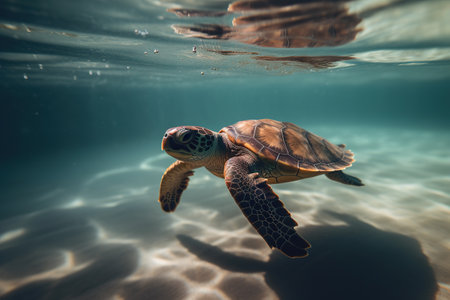 Big tropical turtle swims in blue sea. Turtle in natural environmentの素材